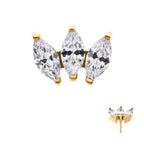 24KT GOLD PVD TITANIUM THREADLESS WITH PRONG SET MARQUISE CZ 3-CLUSTER TOP