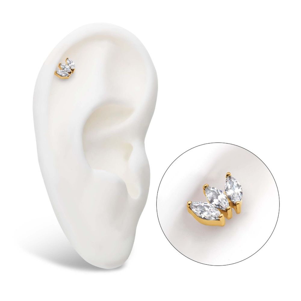 24KT GOLD PVD TITANIUM THREADLESS WITH PRONG SET MARQUISE CZ 3-CLUSTER TOP