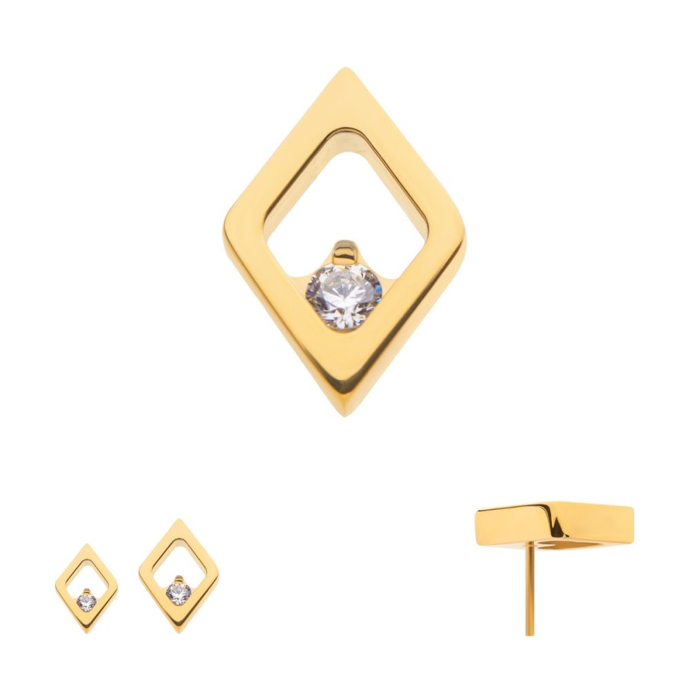 24KT GOLD PVD TITANIUM THREADLESS RHOMBUS SHAPE WITH CLEAR CZ TOP