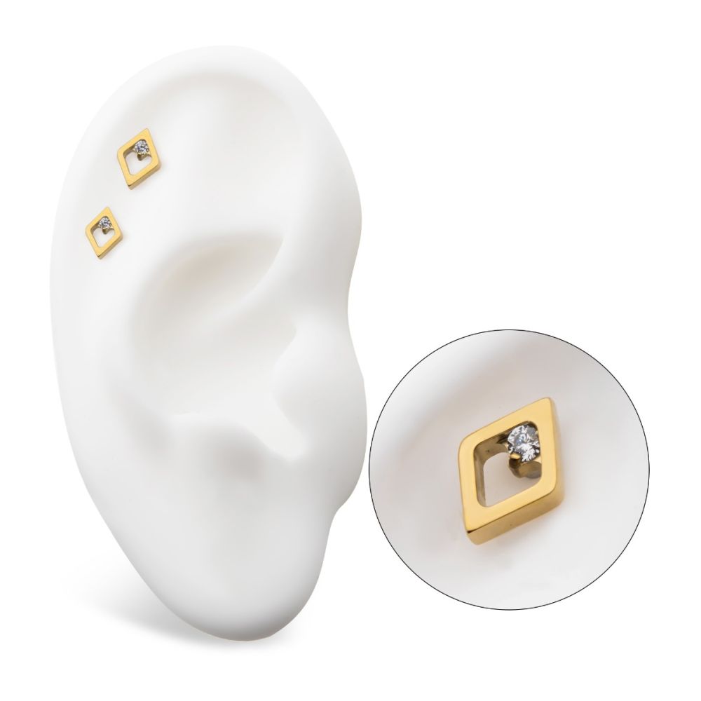 24KT GOLD PVD TITANIUM THREADLESS RHOMBUS SHAPE WITH CLEAR CZ TOP