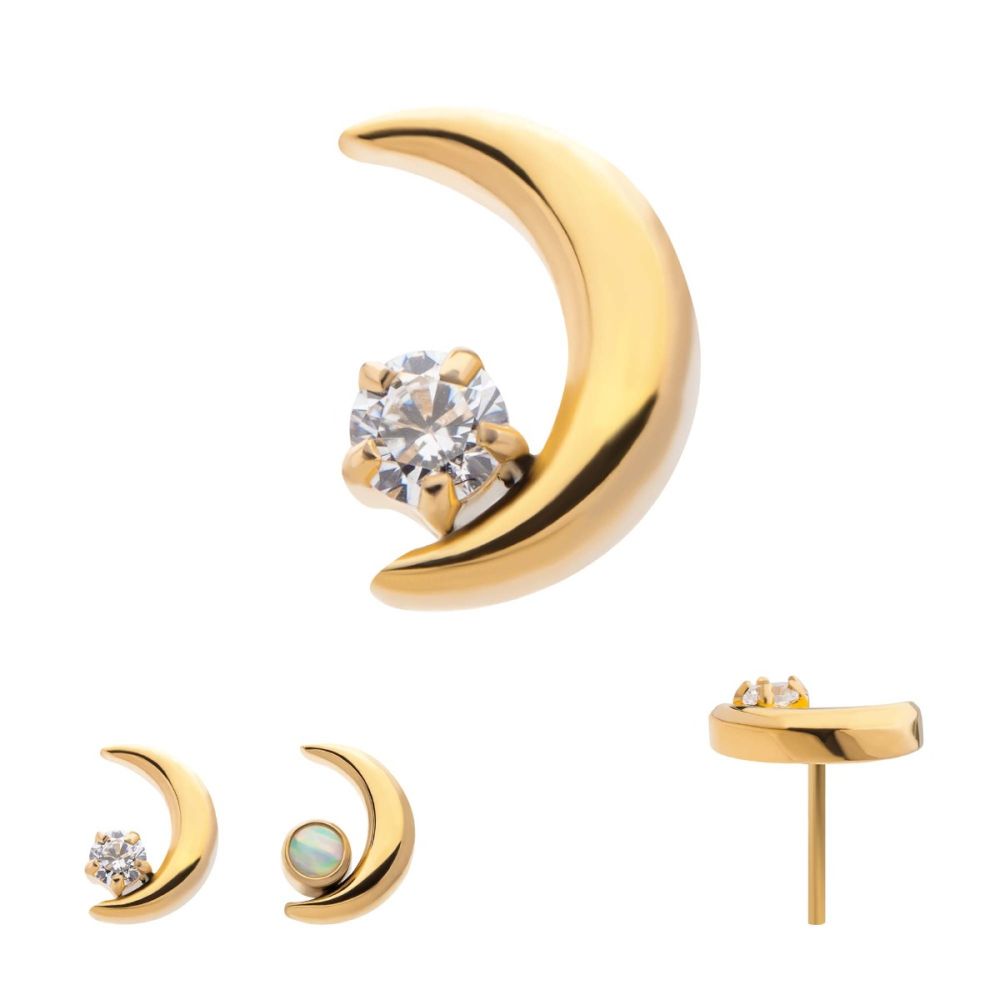24KT GOLD PVD TITANIUM THREADLESS CRESCENT MOON WITH CZ/OPAL TOP
