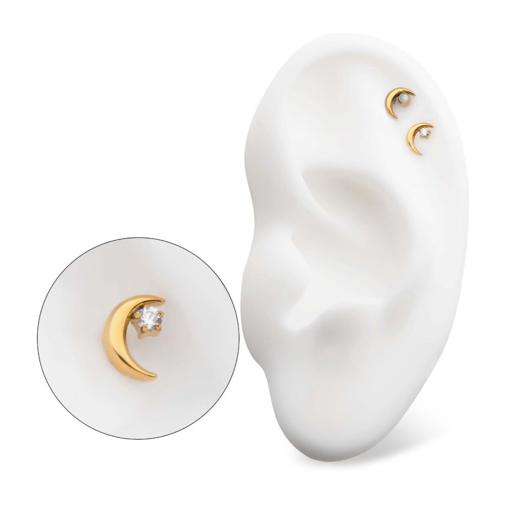 24KT GOLD PVD TITANIUM THREADLESS CRESCENT MOON WITH CZ/OPAL TOP