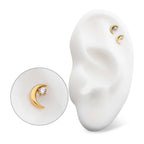 24KT GOLD PVD TITANIUM THREADLESS CRESCENT MOON WITH CZ/OPAL TOP