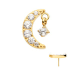 24KT GOLD PVD TITANIUM THREADLESS CRESCENT MOON CZ TOP WITH DANGLE PRONGED ROUND CZ