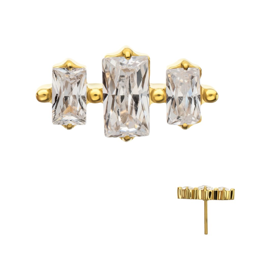 24KT GOLD PVD TITANIUM THREADLESS TRIPLE BAGUETTE PRONG SET GEM TOP