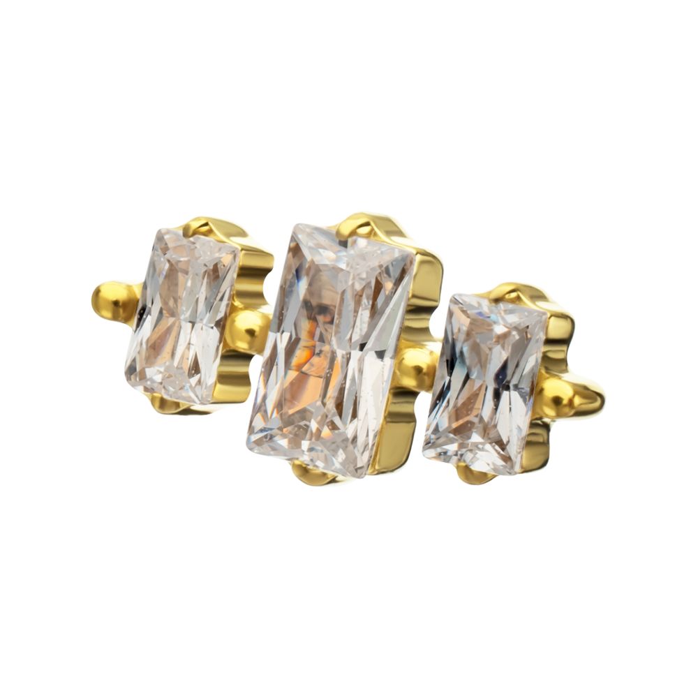 24KT GOLD PVD TITANIUM THREADLESS TRIPLE BAGUETTE PRONG SET GEM TOP
