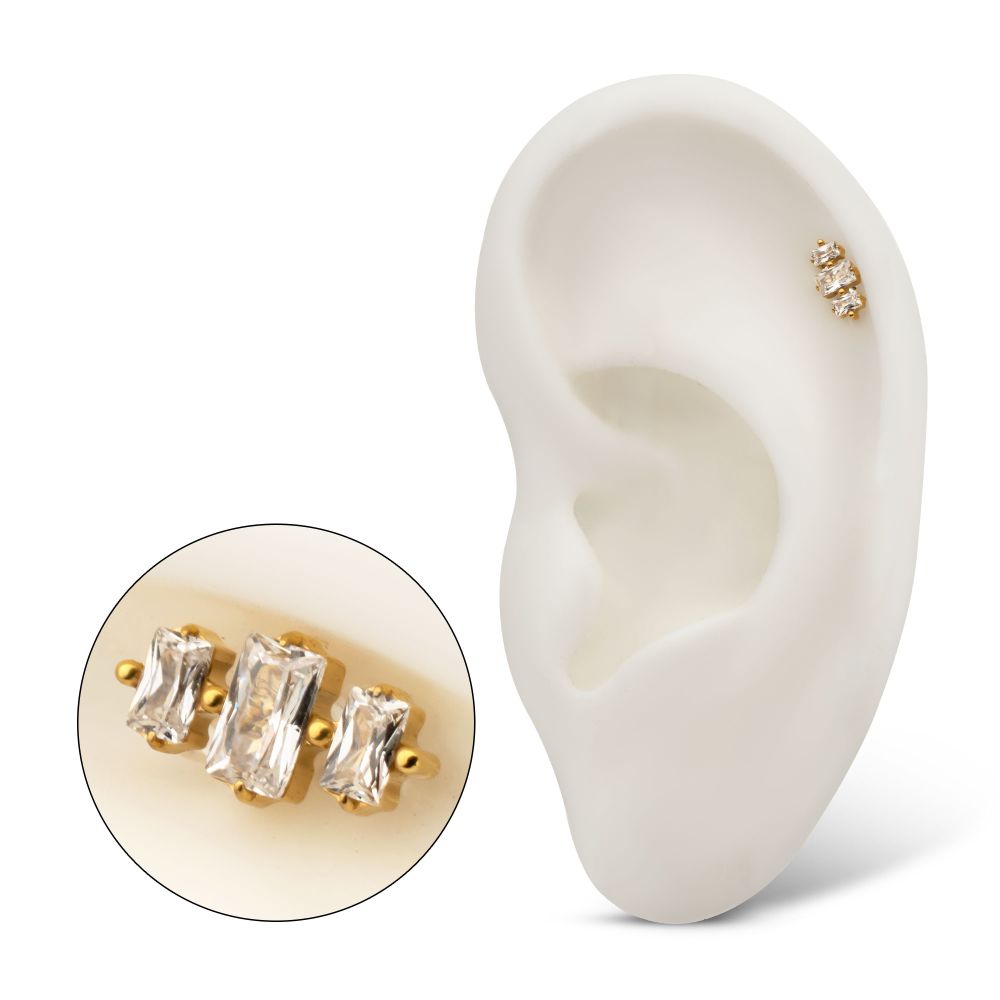 24KT GOLD PVD TITANIUM THREADLESS TRIPLE BAGUETTE PRONG SET GEM TOP