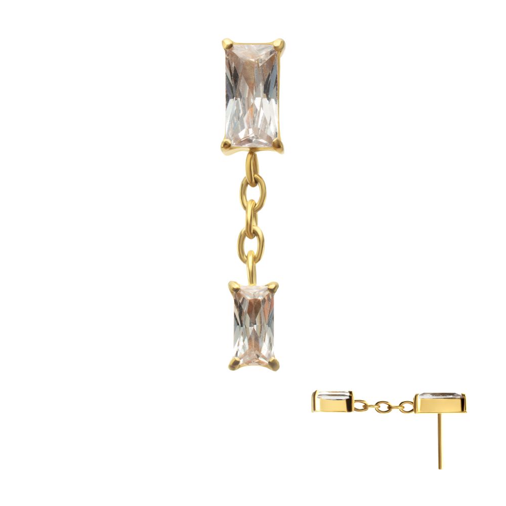 24KT GOLD PVD TITANIUM THREADLESS DOUBLE BAGUETTE PRONG SET GEM DANGLE TOP