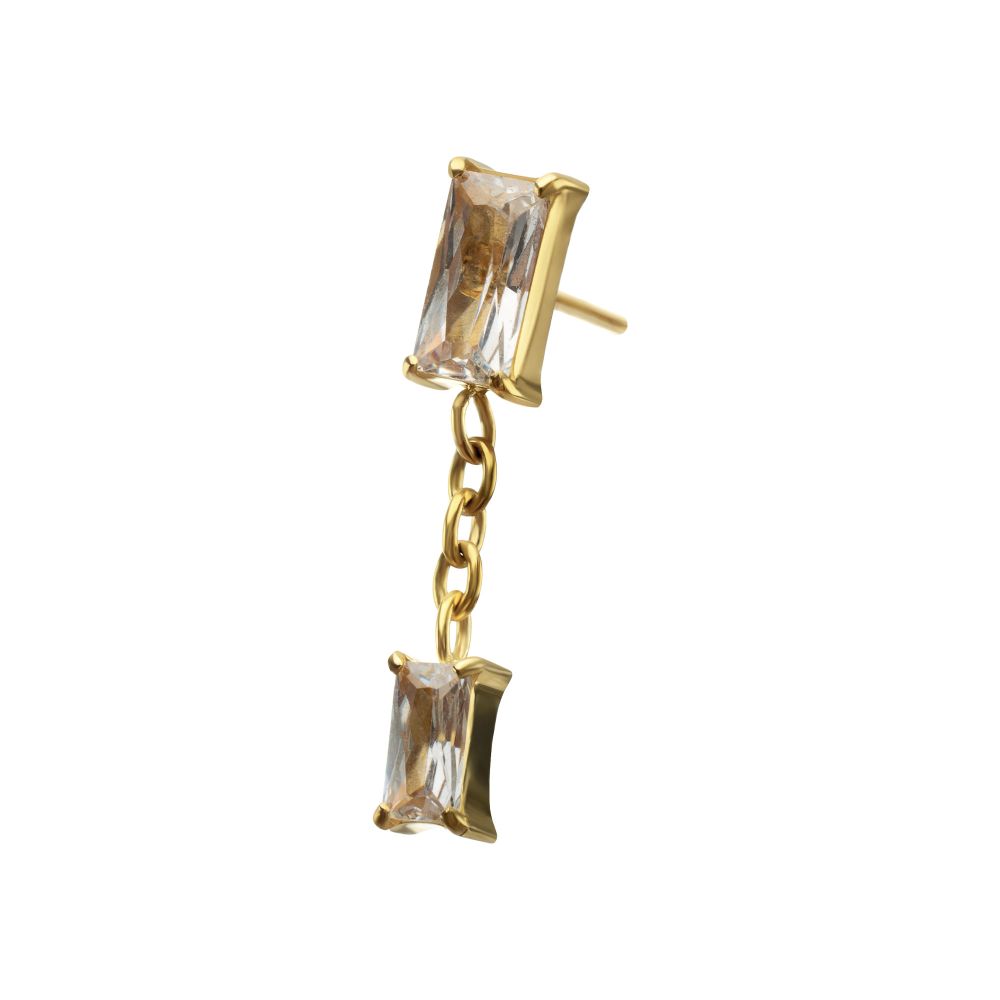 24KT GOLD PVD TITANIUM THREADLESS DOUBLE BAGUETTE PRONG SET GEM DANGLE TOP