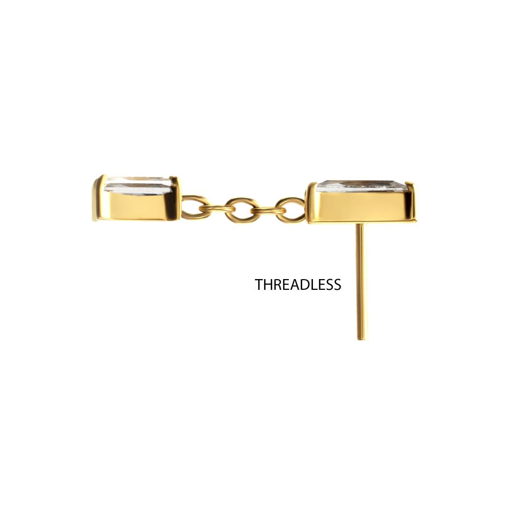 24KT GOLD PVD TITANIUM THREADLESS DOUBLE BAGUETTE PRONG SET GEM DANGLE TOP