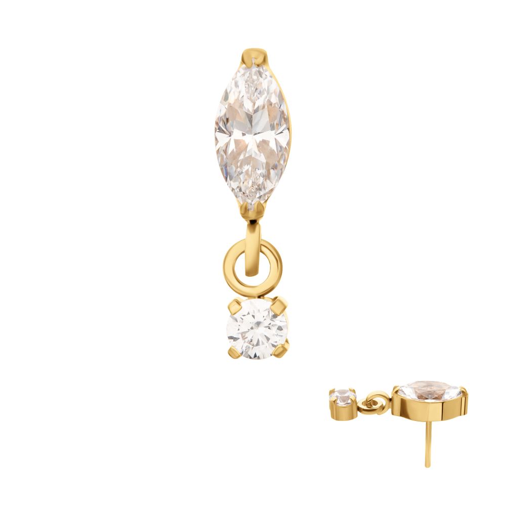 24KT GOLD PVD TITANIUM THREADLESS MARQUISE TOP WITH PRONG SET GEM DANGLE