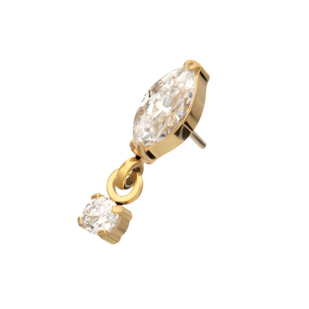 24KT GOLD PVD TITANIUM THREADLESS MARQUISE TOP WITH PRONG SET GEM DANGLE
