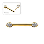 24KT GOLD PVD TITANIUM BEZEL SET TEARDROP GEM END NIPPLE BARBELL ONE SIDE FIXED ONE SIDE THREADLESS