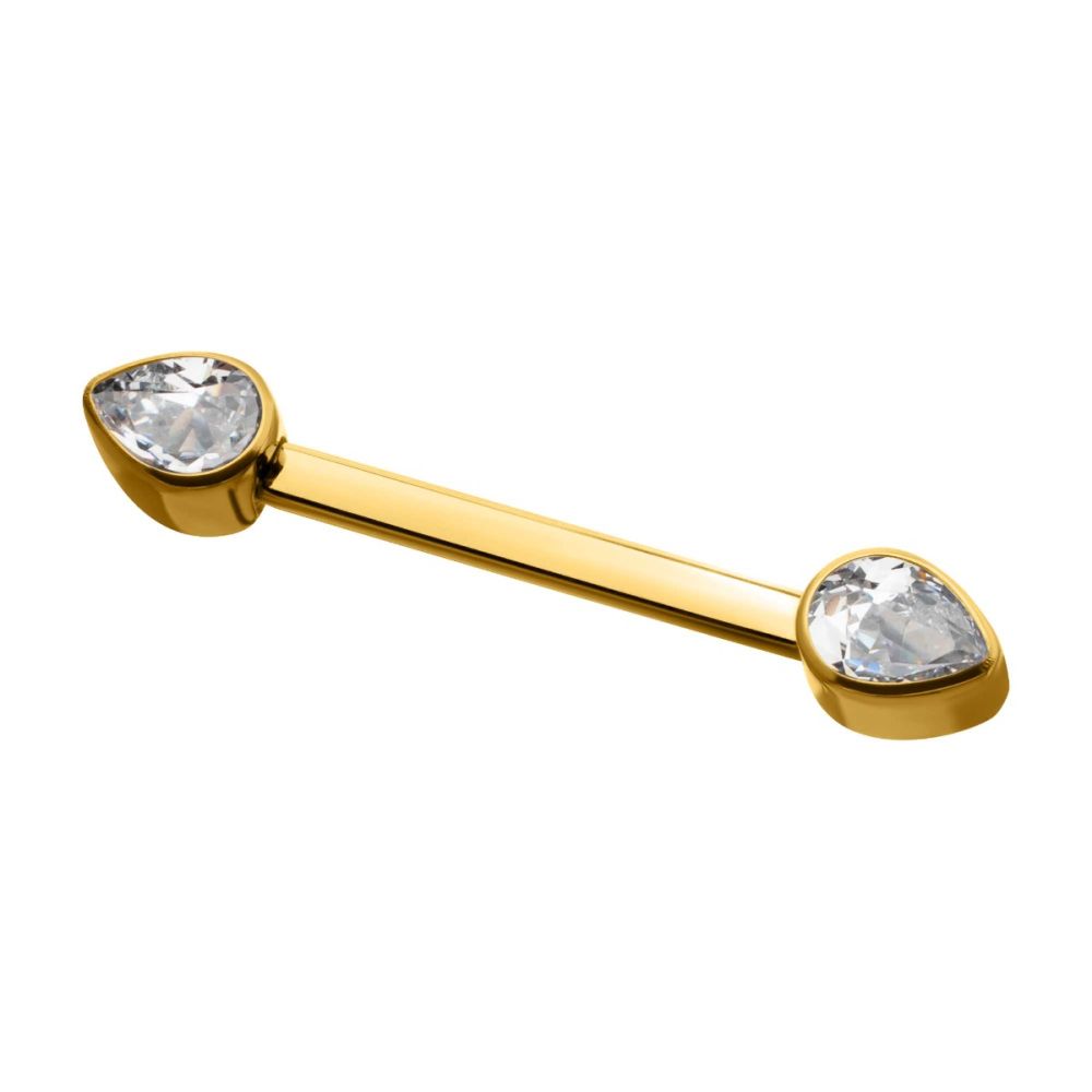 24KT GOLD PVD TITANIUM BEZEL SET TEARDROP GEM END NIPPLE BARBELL ONE SIDE FIXED ONE SIDE THREADLESS