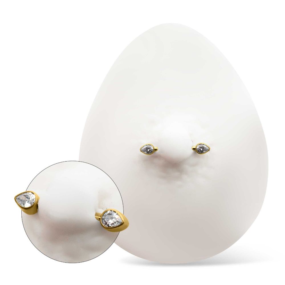 24KT GOLD PVD TITANIUM BEZEL SET TEARDROP GEM END NIPPLE BARBELL ONE SIDE FIXED ONE SIDE THREADLESS