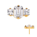 24KT GOLD PVD TITANIUM THREADLESS PRONG SET EMERALD CUT & PRINCESS GEM 3-CLUSTER TOP