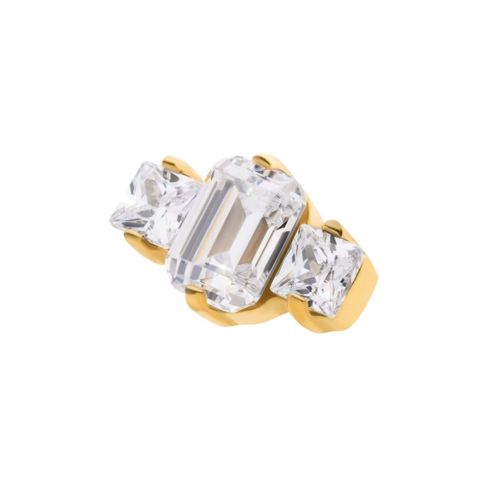 24KT GOLD PVD TITANIUM THREADLESS PRONG SET EMERALD CUT & PRINCESS GEM 3-CLUSTER TOP