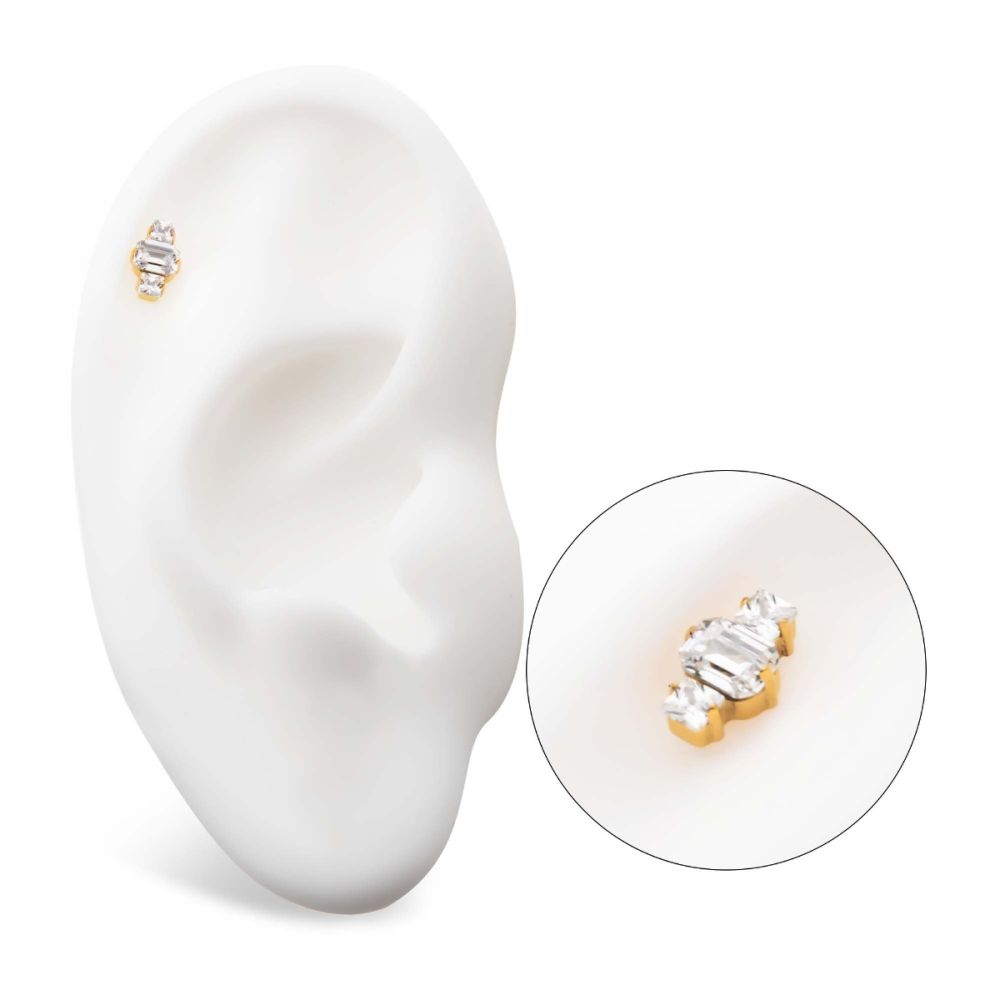 24KT GOLD PVD TITANIUM THREADLESS PRONG SET EMERALD CUT & PRINCESS GEM 3-CLUSTER TOP