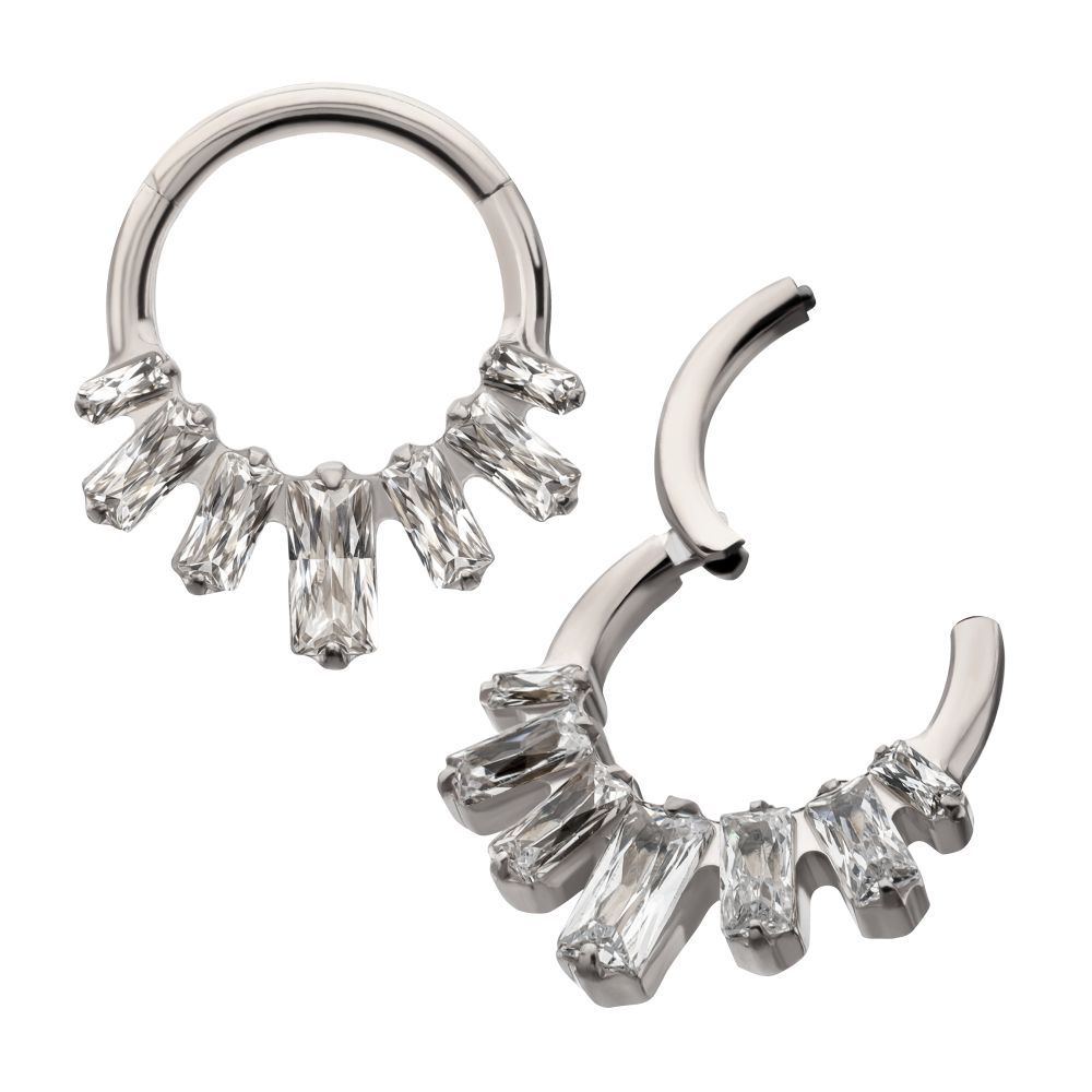 TITANIUM 7-BAGUETTE PRONG SET GEM FAN CLUSTER FRONT FACING HINGED SEGMENT CLICKER