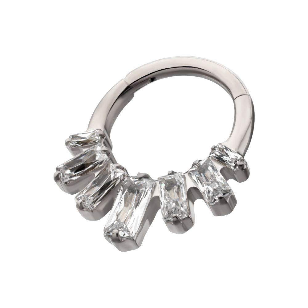 TITANIUM 7-BAGUETTE PRONG SET GEM FAN CLUSTER FRONT FACING HINGED SEGMENT CLICKER
