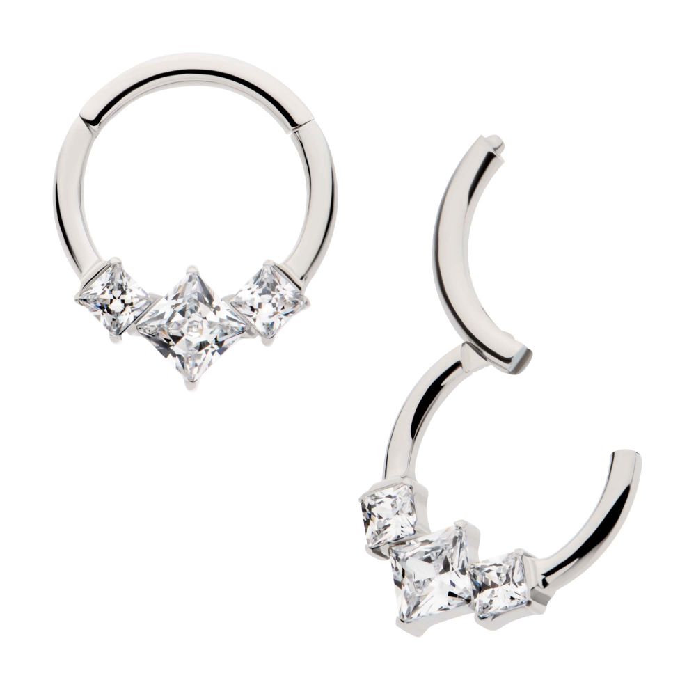 TITANIUM CLUSTERED PRONG SET PRINCESS GEM FRONT FACING HINGED SEGMENT CLICKER