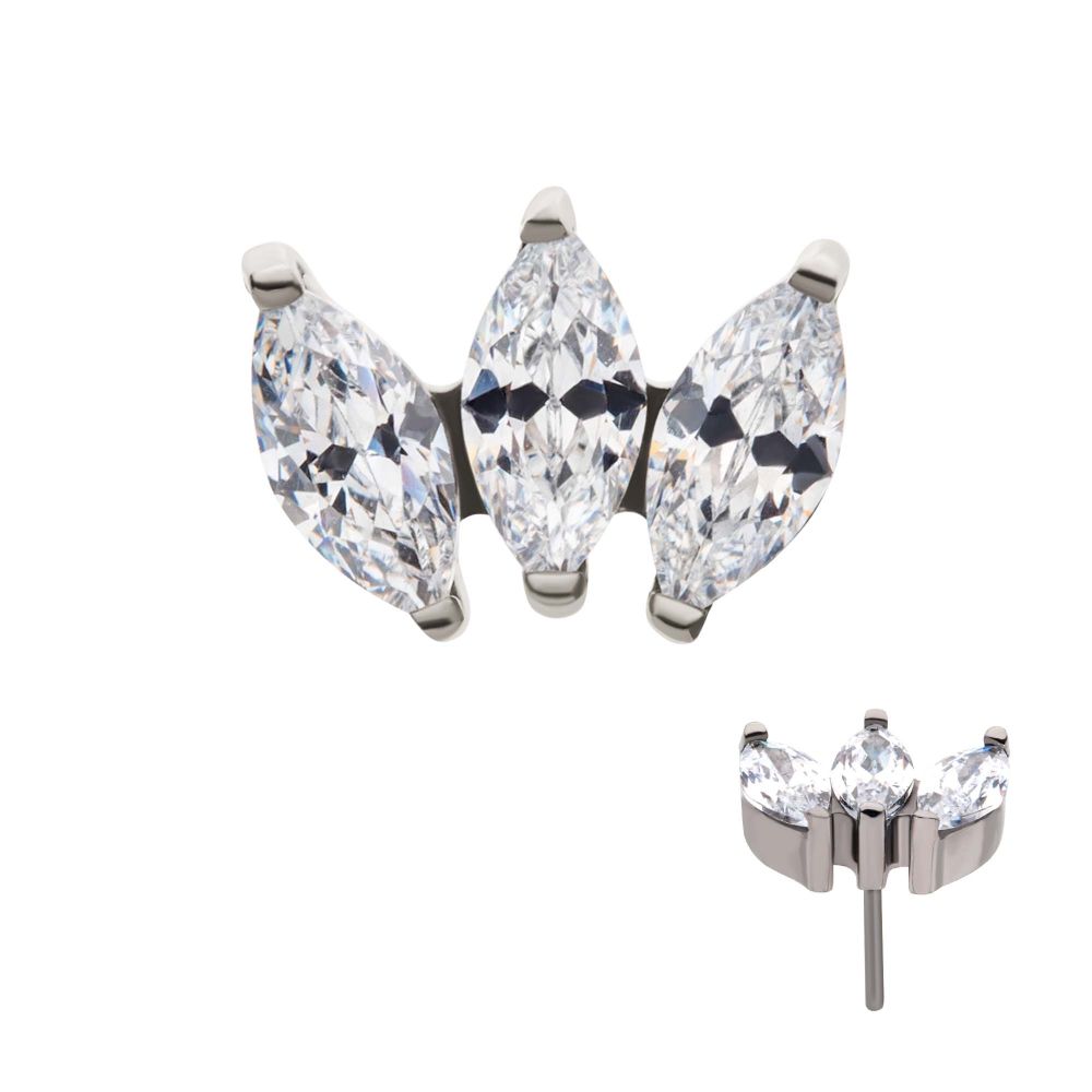 TITANIUM THREADLESS WITH PRONG SET MARQUISE CZ 3-CLUSTER TOP