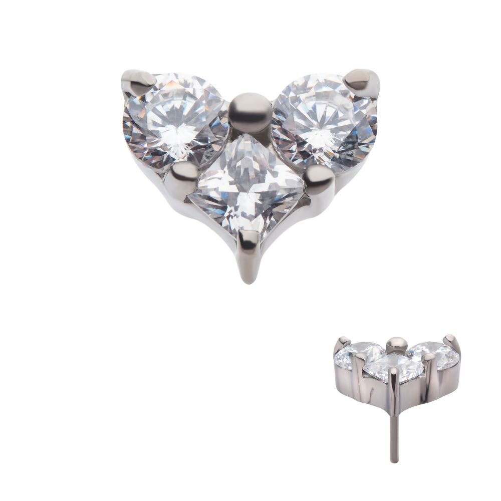 TITANIUM THREADLESS WITH PRONG SET ROUND & PRINCESS GEM 3-CLUSTER HEART SHAPE TOP