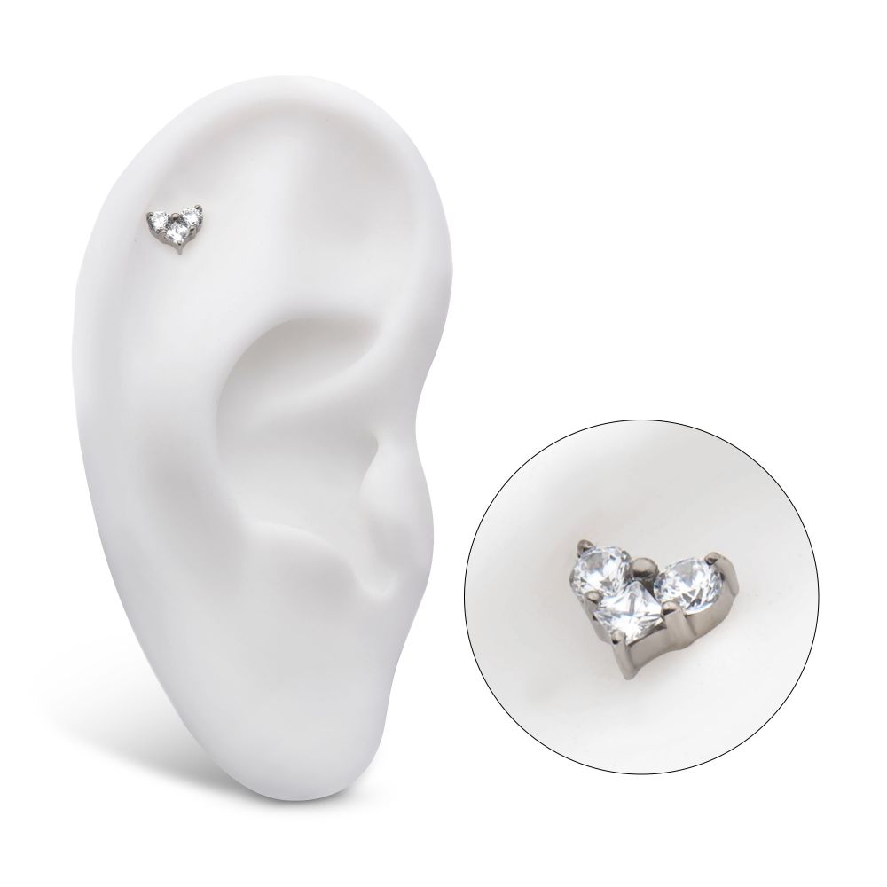 TITANIUM THREADLESS WITH PRONG SET ROUND & PRINCESS GEM 3-CLUSTER HEART SHAPE TOP