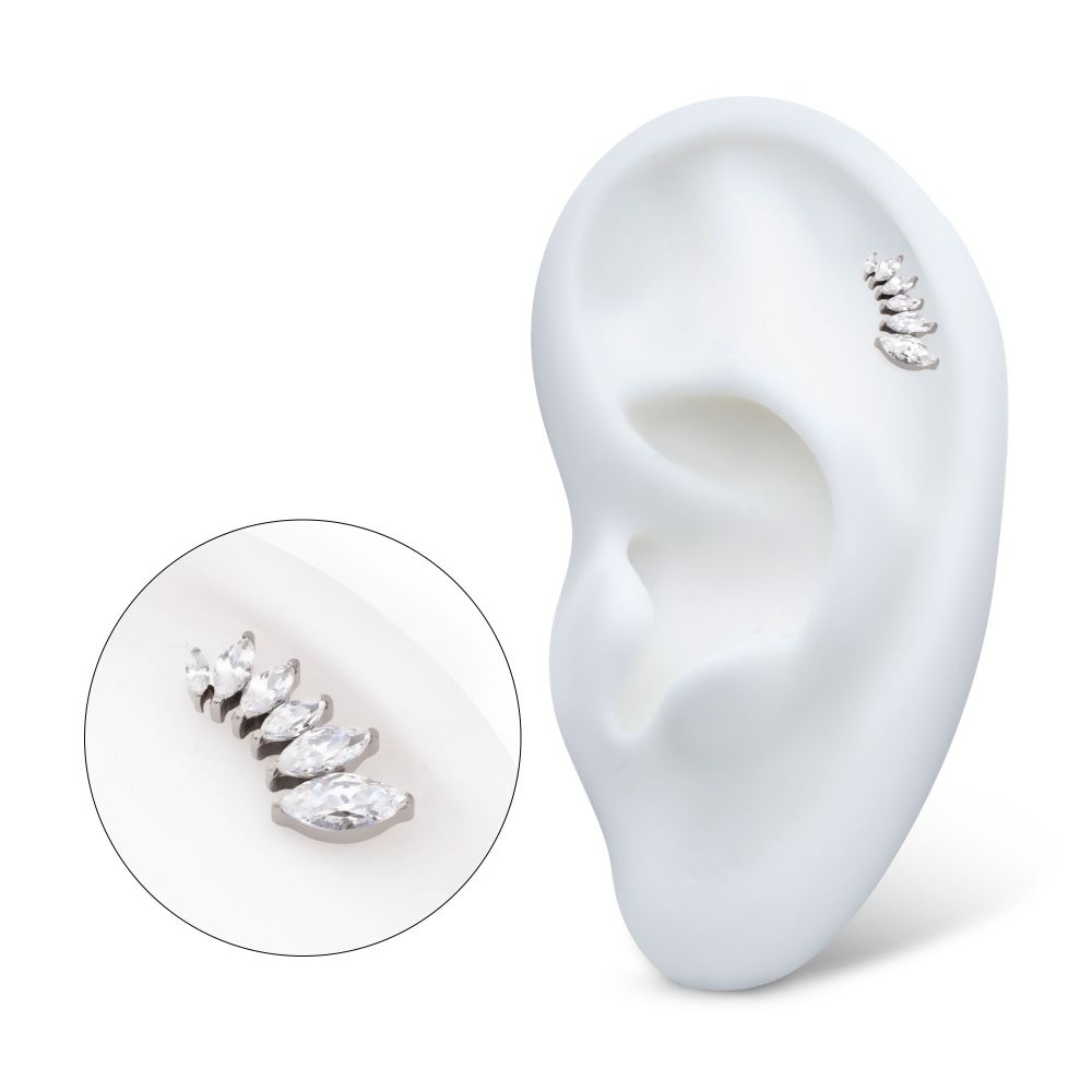 TITANIUM THREADLESS 6-CLUSTER MARQUISE CZ VINE LEAF TOP
