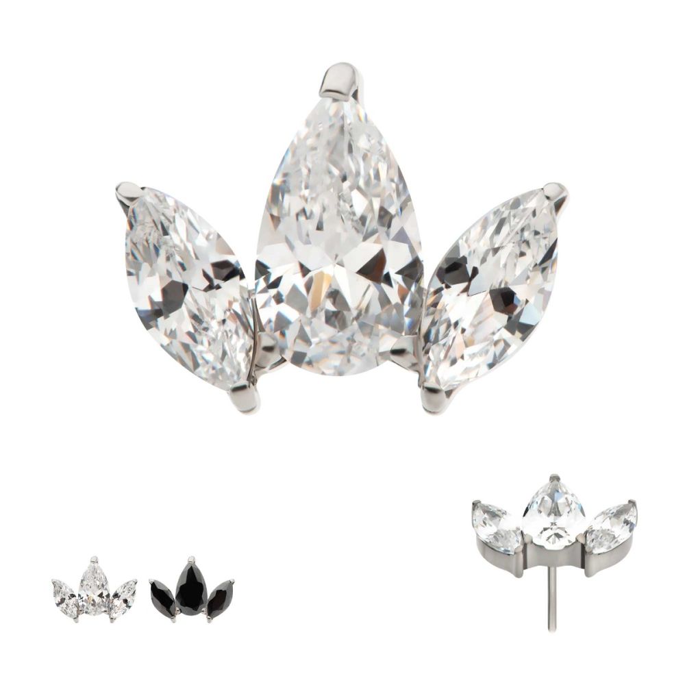 TITANIUM THREADLESS 3-CLUSTER TOP WITH PRONG SET TEARDROP & MARQUISE CZ