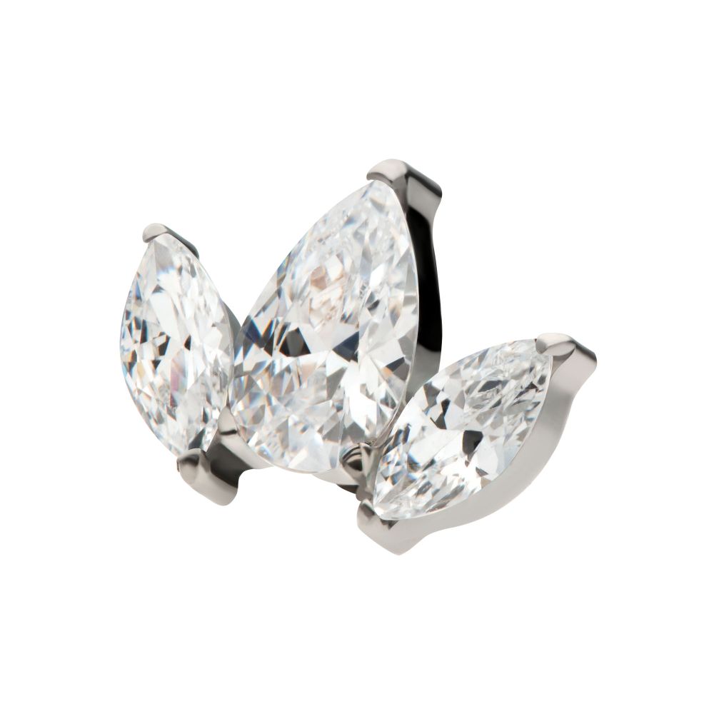 TITANIUM THREADLESS 3-CLUSTER TOP WITH PRONG SET TEARDROP & MARQUISE CZ