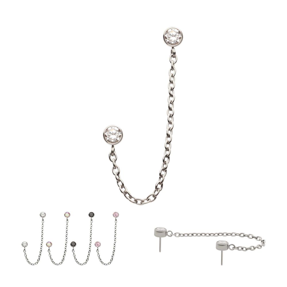 TITANIUM THREADLESS DOUBLE BEZEL SET GEM TOP WITH ROLO CHAIN DANGLE