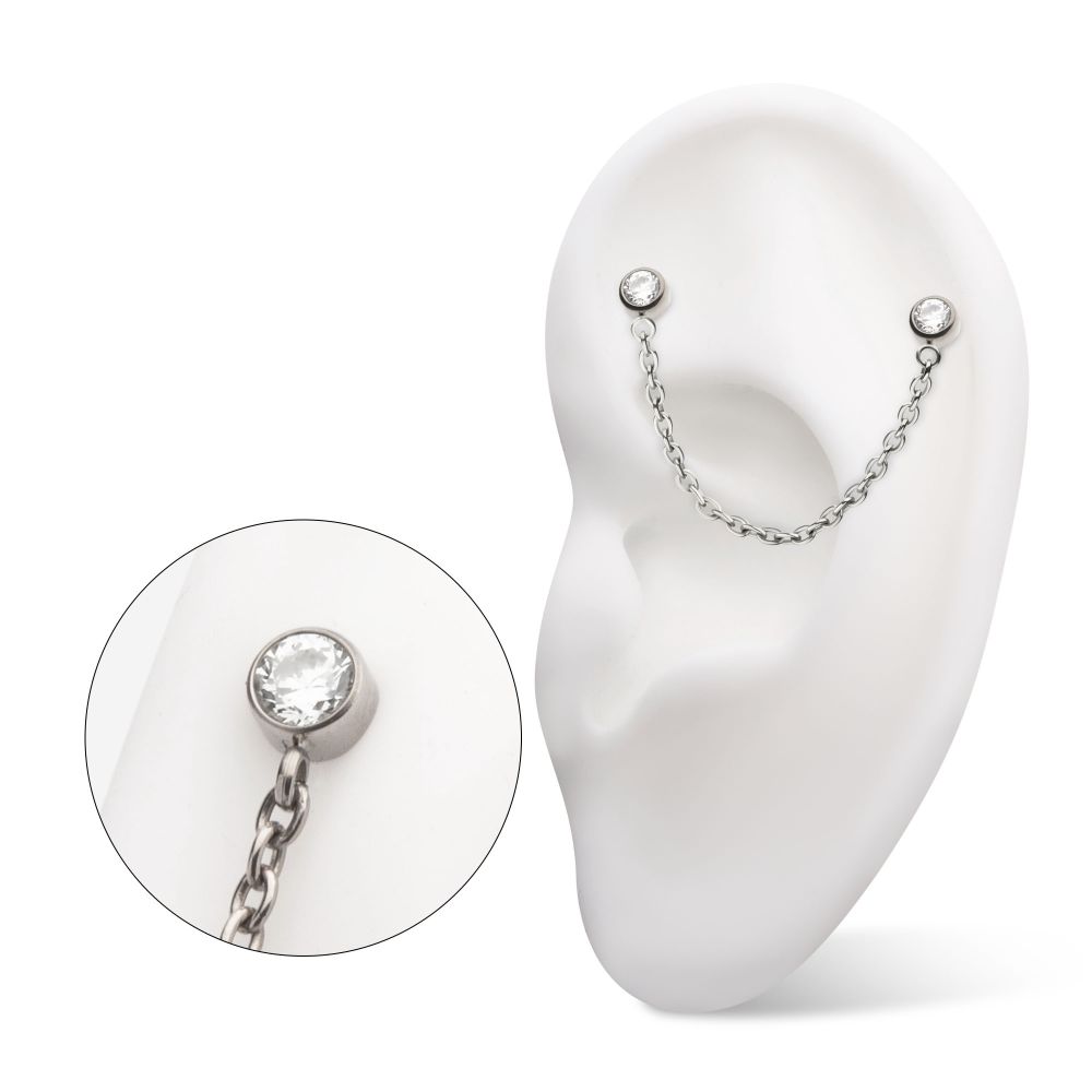 TITANIUM THREADLESS DOUBLE BEZEL SET GEM TOP WITH ROLO CHAIN DANGLE