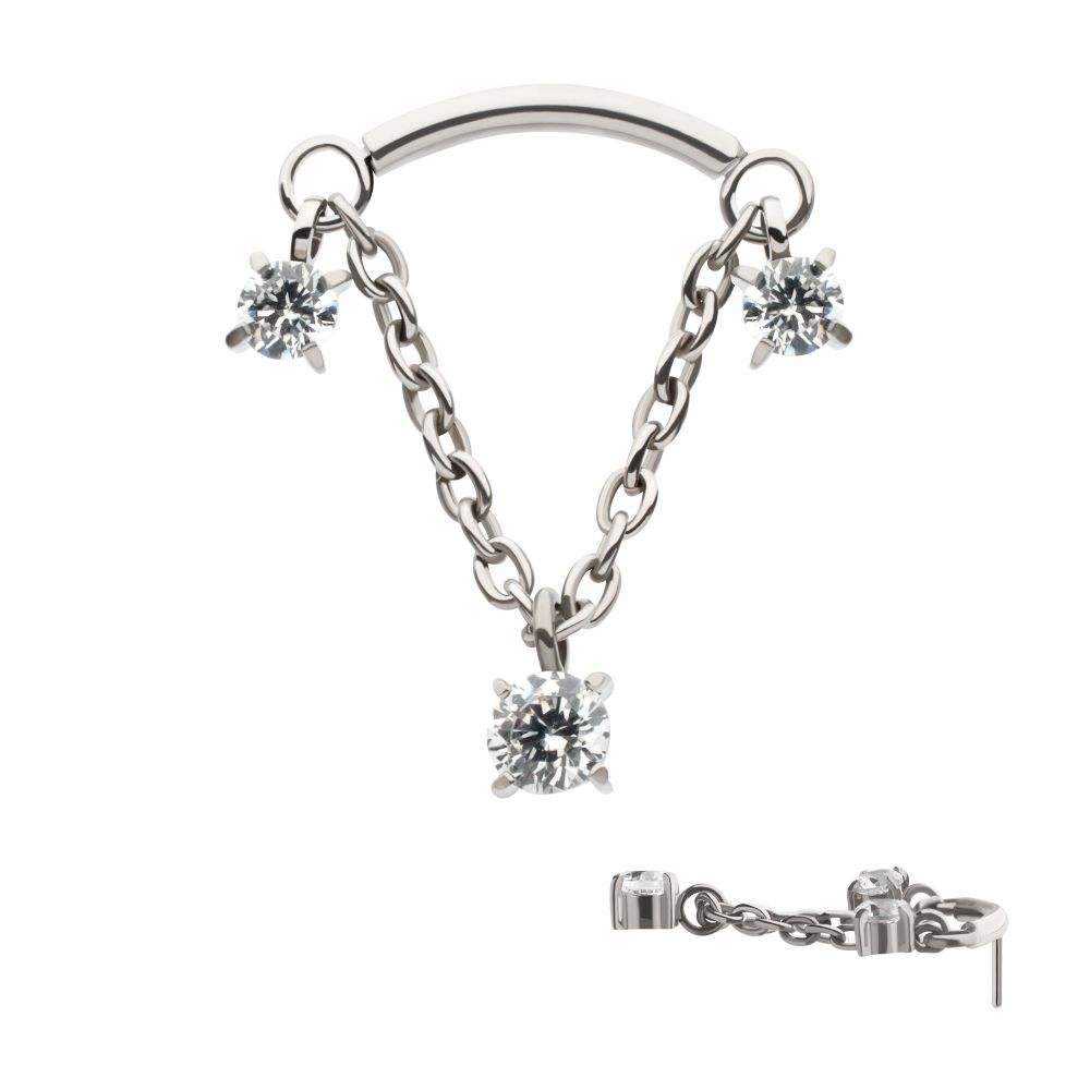 TITANIUM THREADLESS DANGLE CHAIN CURVED BAR TOP WITH PRONGED TRIO ROUND CZ