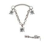 TITANIUM THREADLESS DANGLE CHAIN CURVED BAR TOP WITH PRONGED TRIO ROUND CZ