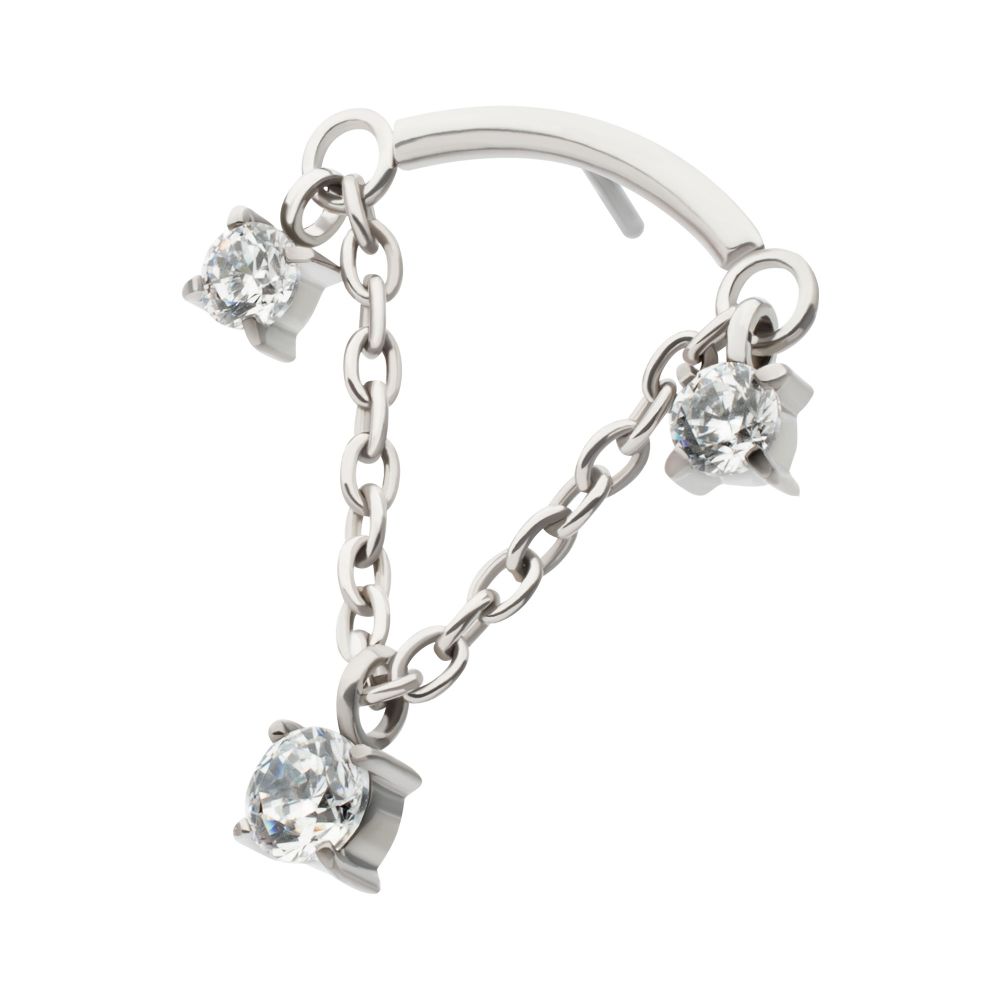 TITANIUM THREADLESS DANGLE CHAIN CURVED BAR TOP WITH PRONGED TRIO ROUND CZ