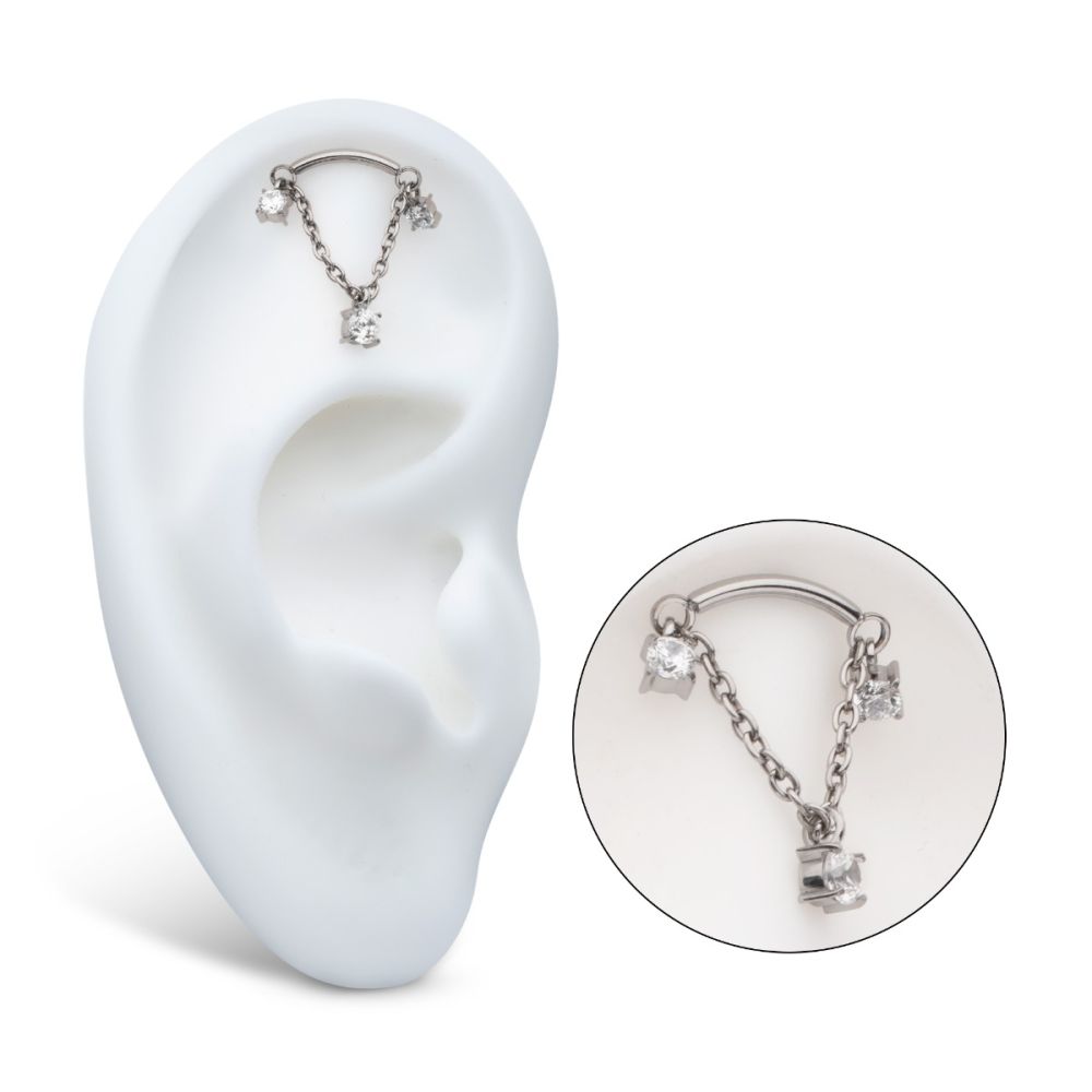 TITANIUM THREADLESS DANGLE CHAIN CURVED BAR TOP WITH PRONGED TRIO ROUND CZ
