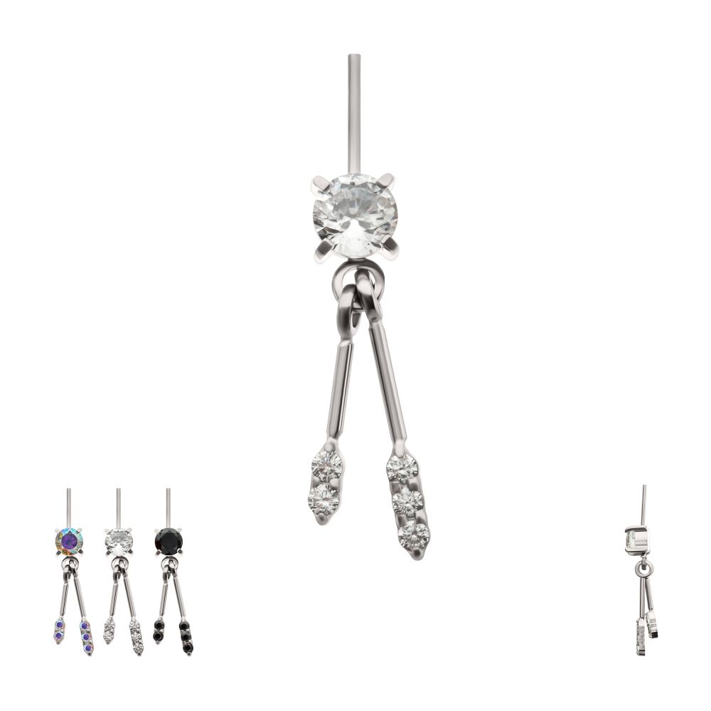 TITANIUM THREADLESS VERTICAL HELIX PRONG SET GEM TOP WITH DUO BAR DANGLE