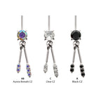 TITANIUM THREADLESS VERTICAL HELIX PRONG SET GEM TOP WITH DUO BAR DANGLE