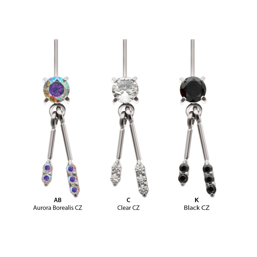 TITANIUM THREADLESS VERTICAL HELIX PRONG SET GEM TOP WITH DUO BAR DANGLE