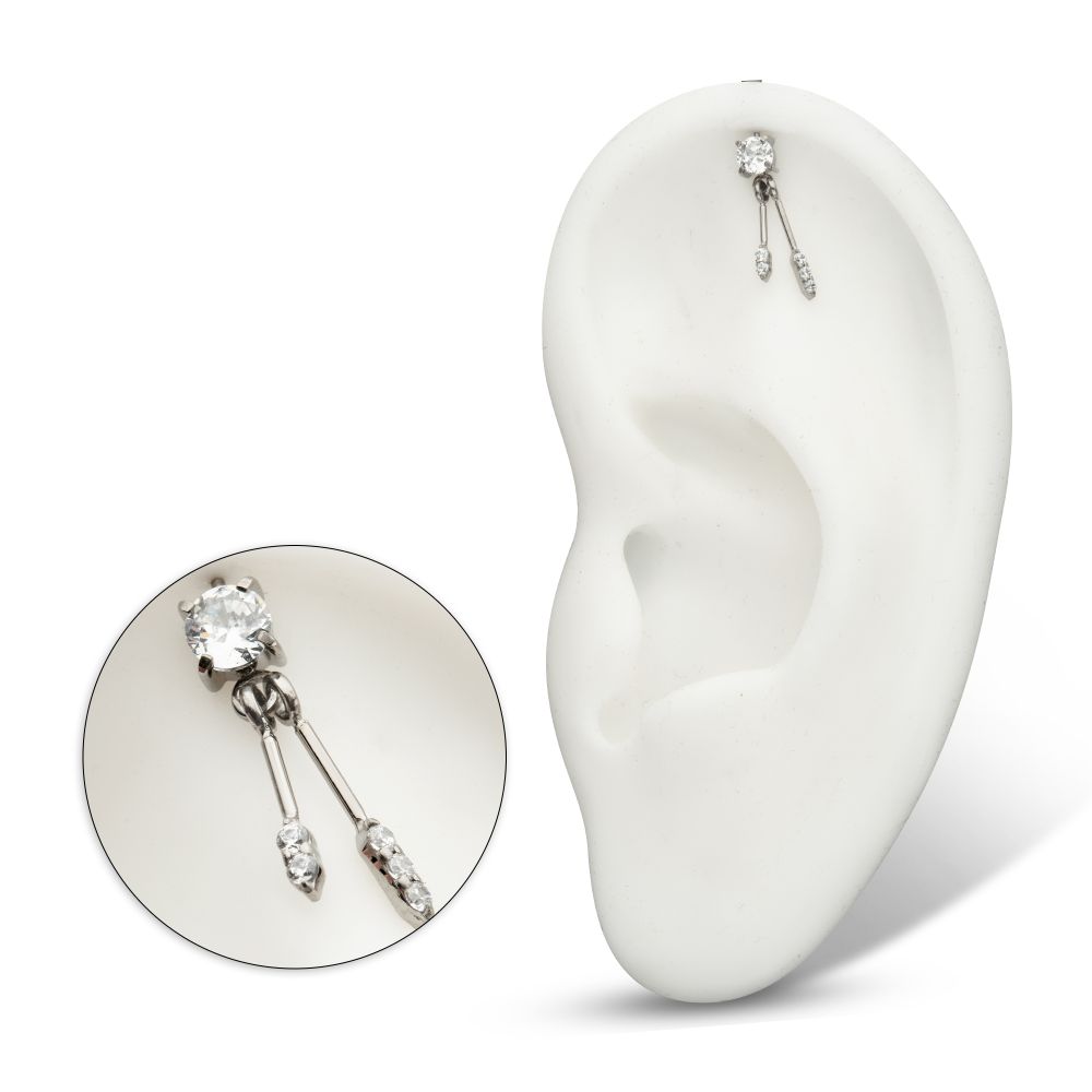 TITANIUM THREADLESS VERTICAL HELIX PRONG SET GEM TOP WITH DUO BAR DANGLE