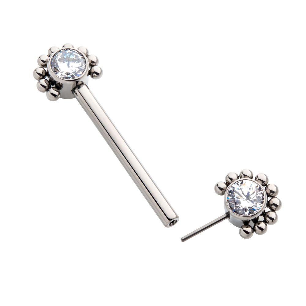 TITANIUM WITH ONE SIDE FIXED & ONE SIDE THREADLESS NIPPLE BARBELL WITH CLUSTERED BEADS & BEZEL SET CZ ENDS