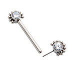 TITANIUM WITH ONE SIDE FIXED & ONE SIDE THREADLESS NIPPLE BARBELL WITH CLUSTERED BEADS & BEZEL SET CZ ENDS