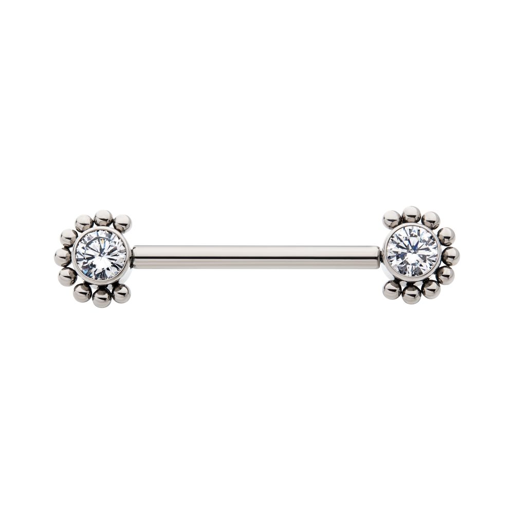TITANIUM WITH ONE SIDE FIXED & ONE SIDE THREADLESS NIPPLE BARBELL WITH CLUSTERED BEADS & BEZEL SET CZ ENDS