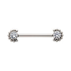 TITANIUM WITH ONE SIDE FIXED & ONE SIDE THREADLESS NIPPLE BARBELL WITH CLUSTERED BEADS & BEZEL SET CZ ENDS