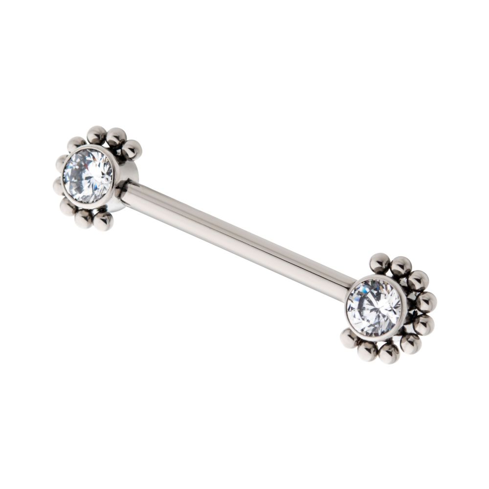 TITANIUM WITH ONE SIDE FIXED & ONE SIDE THREADLESS NIPPLE BARBELL WITH CLUSTERED BEADS & BEZEL SET CZ ENDS