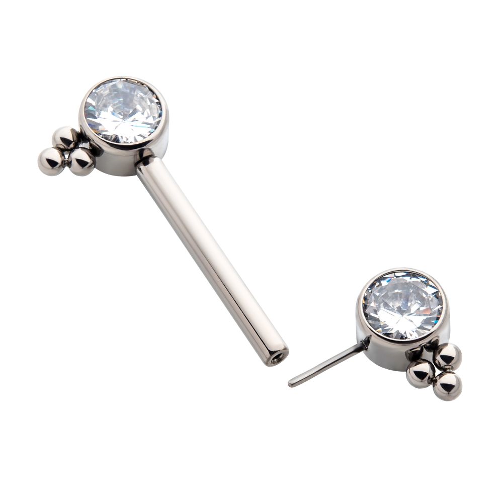 TITANIUM WITH ONE SIDE FIXED & ONE SIDE THREADLESS NIPPLE BARBELL WITH TRIO BEAD&BEZEL SET CZ ENDS