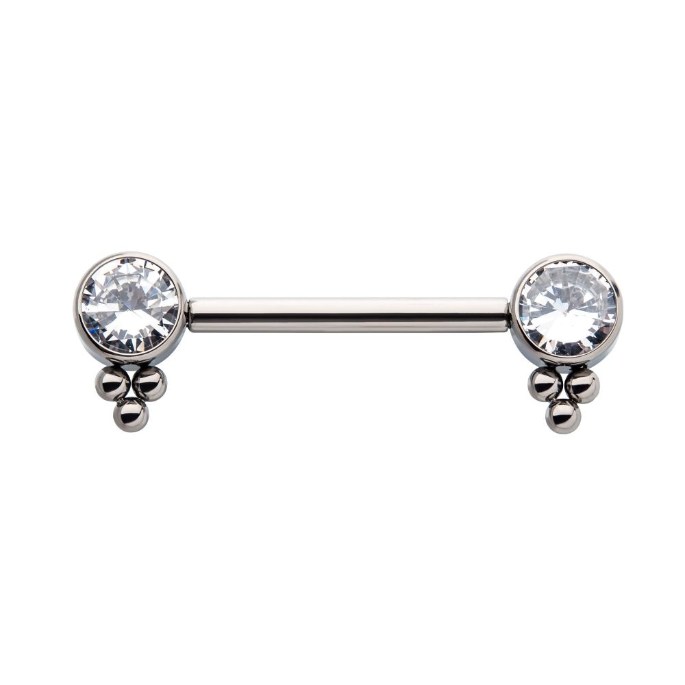 TITANIUM WITH ONE SIDE FIXED & ONE SIDE THREADLESS NIPPLE BARBELL WITH TRIO BEAD&BEZEL SET CZ ENDS
