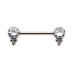 TITANIUM WITH ONE SIDE FIXED & ONE SIDE THREADLESS NIPPLE BARBELL WITH TRIO BEAD&BEZEL SET CZ ENDS