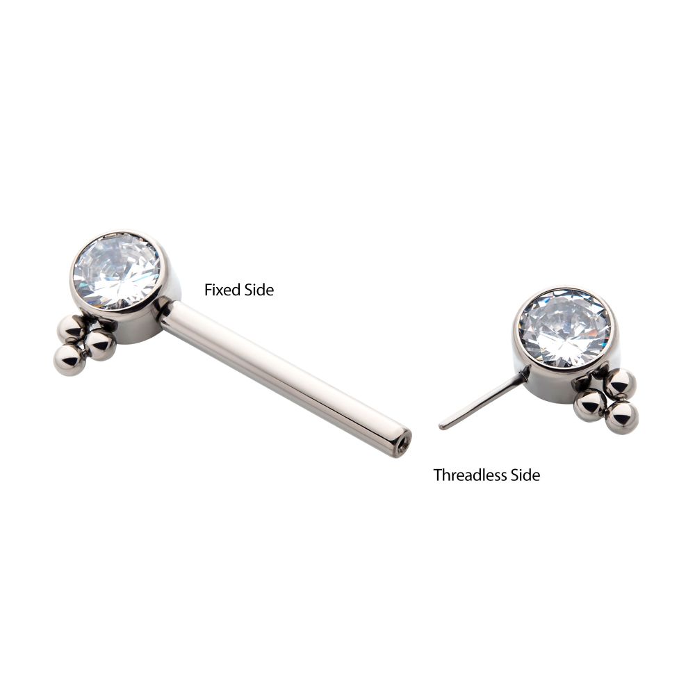 TITANIUM WITH ONE SIDE FIXED & ONE SIDE THREADLESS NIPPLE BARBELL WITH TRIO BEAD&BEZEL SET CZ ENDS